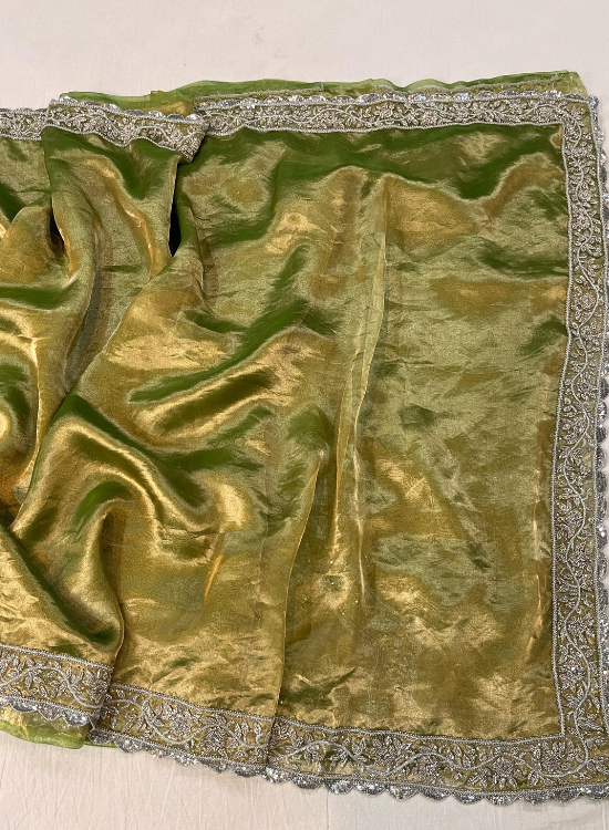 Hand Embroidered Green Pure Tissue Silk Saree