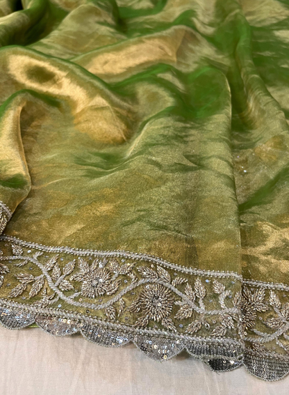 Hand Embroidered Green Noor-e-Khaas Tissue Silk Saree by Mantavya