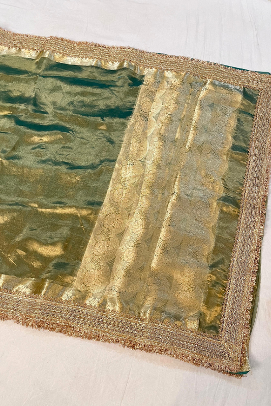 Mantavya Green Pure Banarasi Tissue Silk Saree with handwoven zari motifs