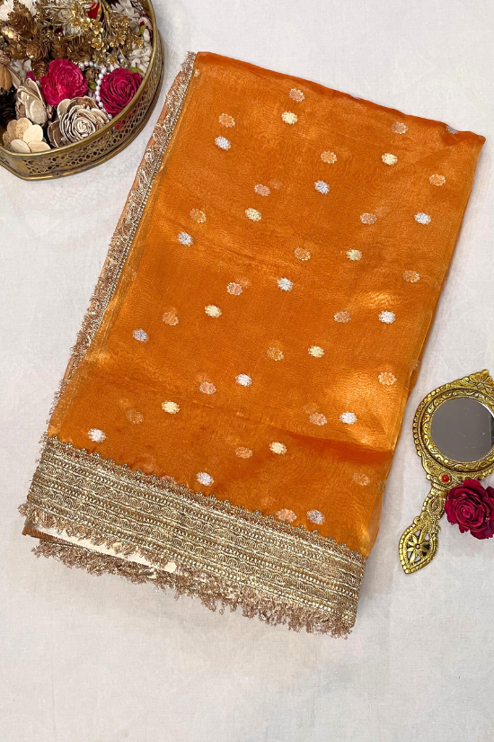 Orange Buti Banarasi Tissue Silk Saree by Mantavya – Traditional Festive Wear with Subtle Zari Detailing
