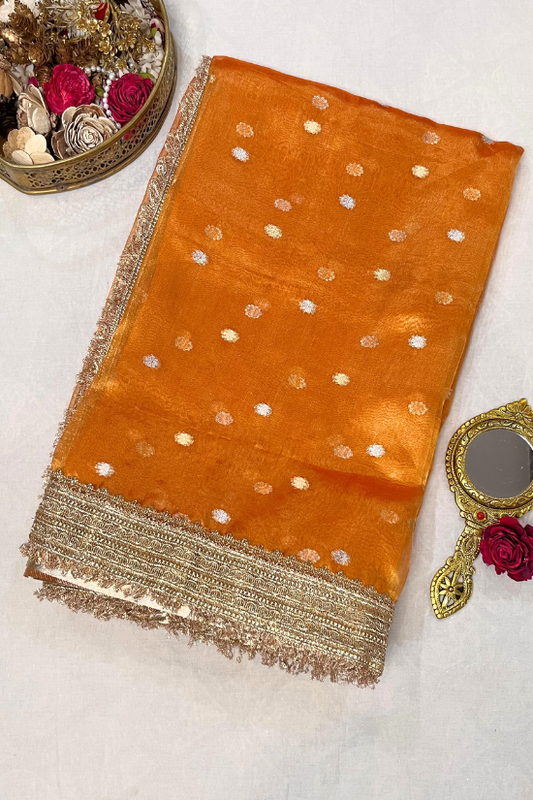 Orange Buti Banarasi Tissue Silk Saree by Mantavya – Traditional Festive Wear with Subtle Zari Detailing