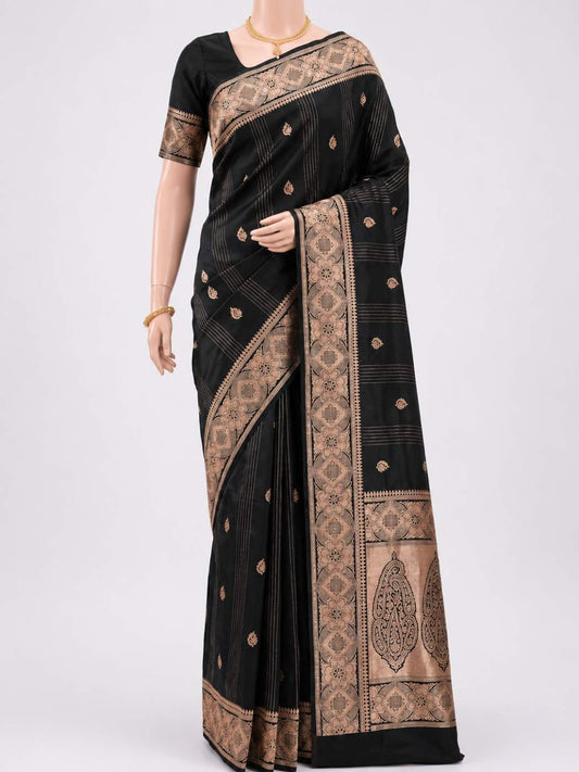 Black Katan Silk Saree with zari floral butis dummy view