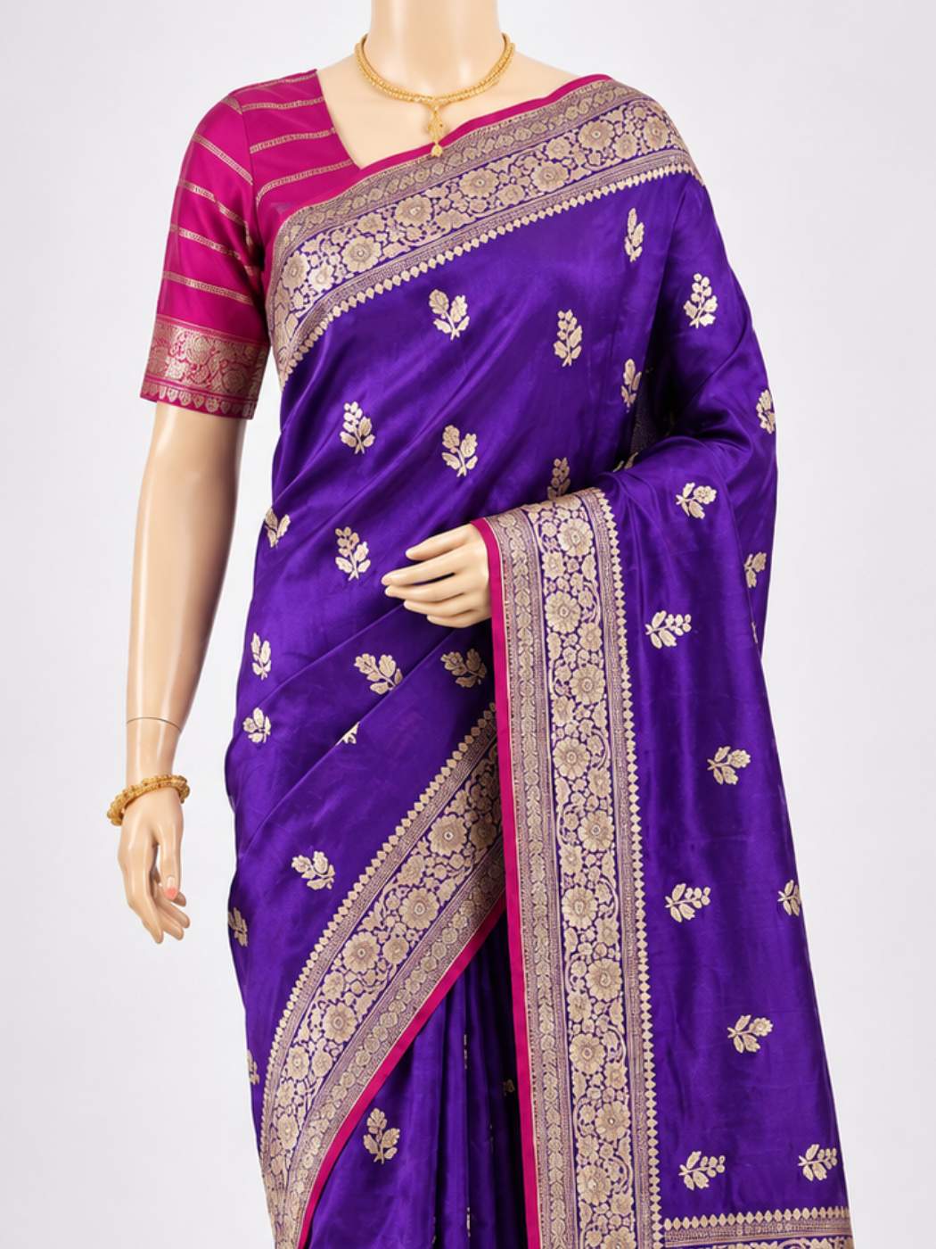 oyal Purple Katan Silk Saree with floral butis Dummy Close Up View