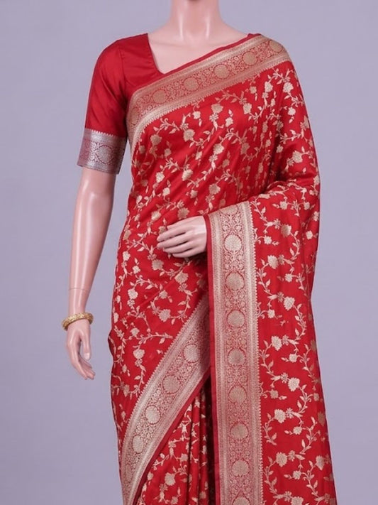 Red Katan Silk Saree with Floral View Dummy View 02