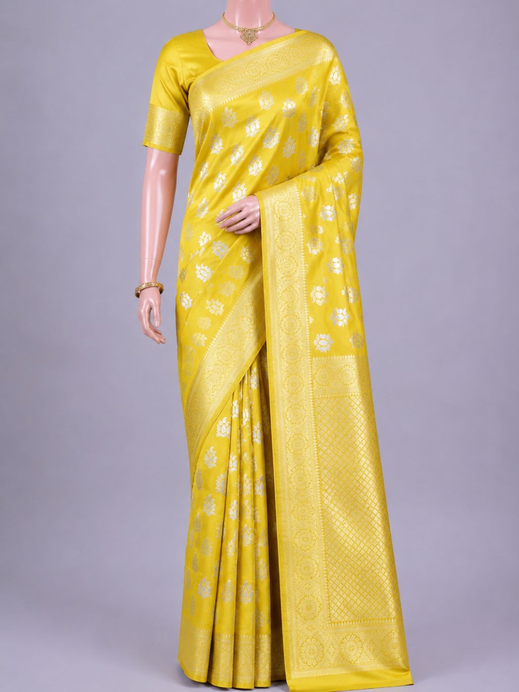 Yellow Katan Silk Saree with floral buta Dummy View 01