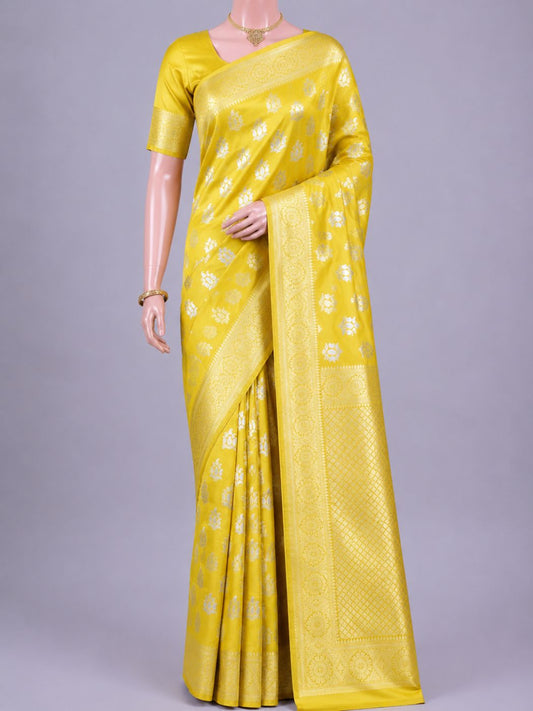 Yellow Katan Silk Saree with floral buta Dummy View 01