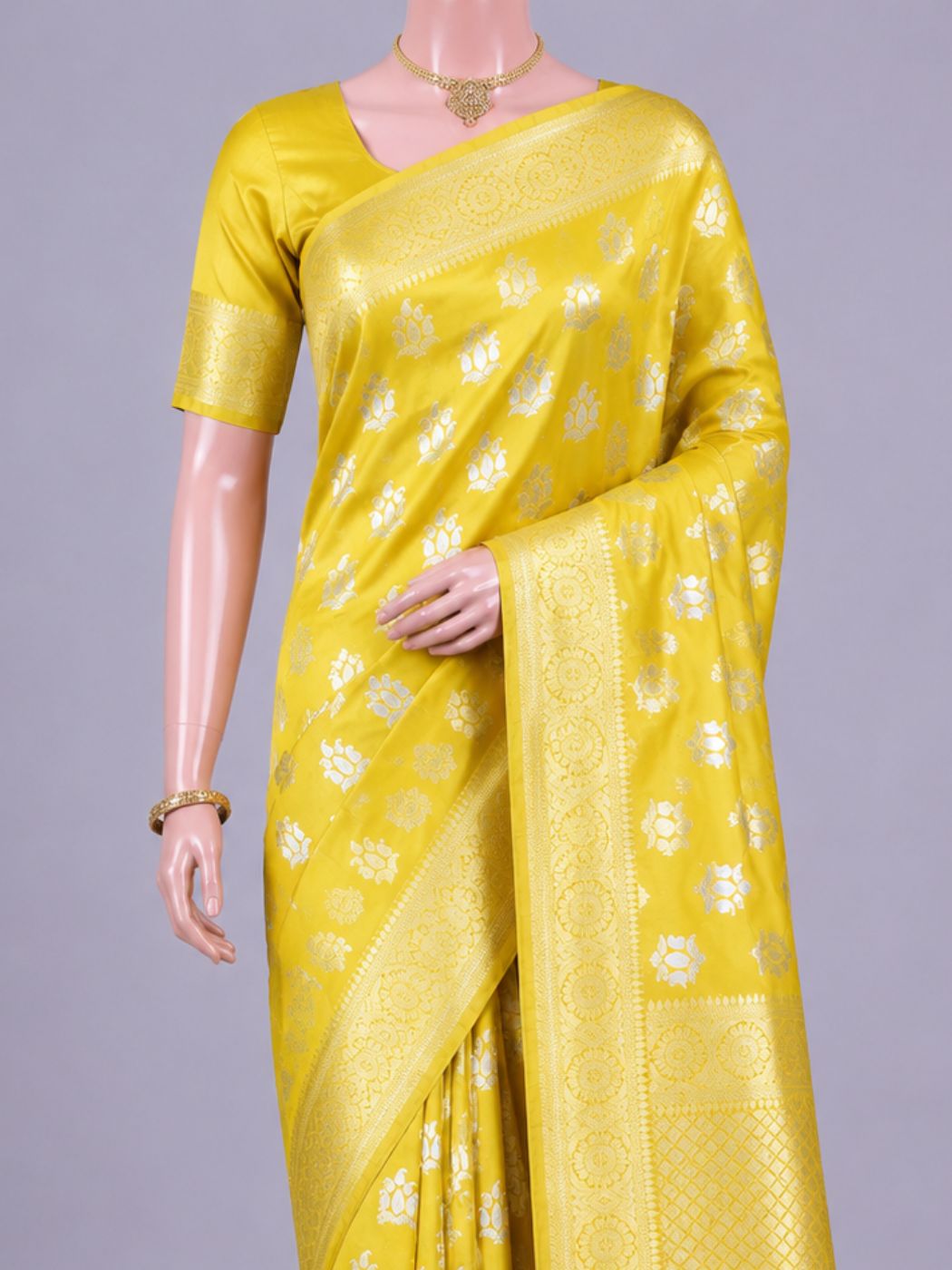 Yellow Katan Silk Saree with floral buta Dummy View 02