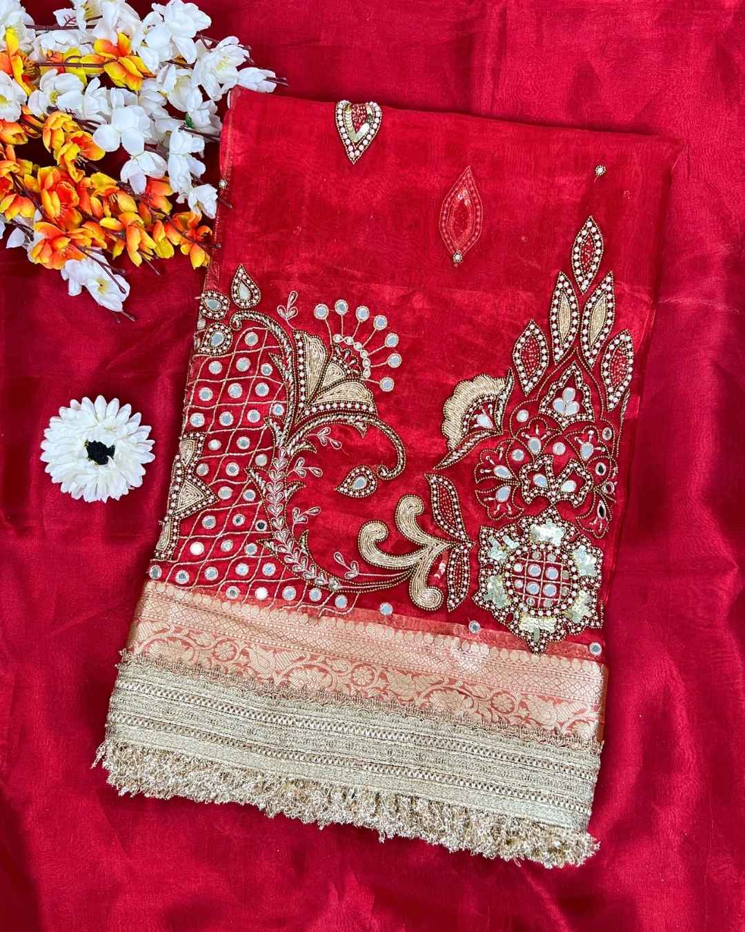 Royal Red Tissue Silk Saree Gulnaar With Paisley Floral Front View