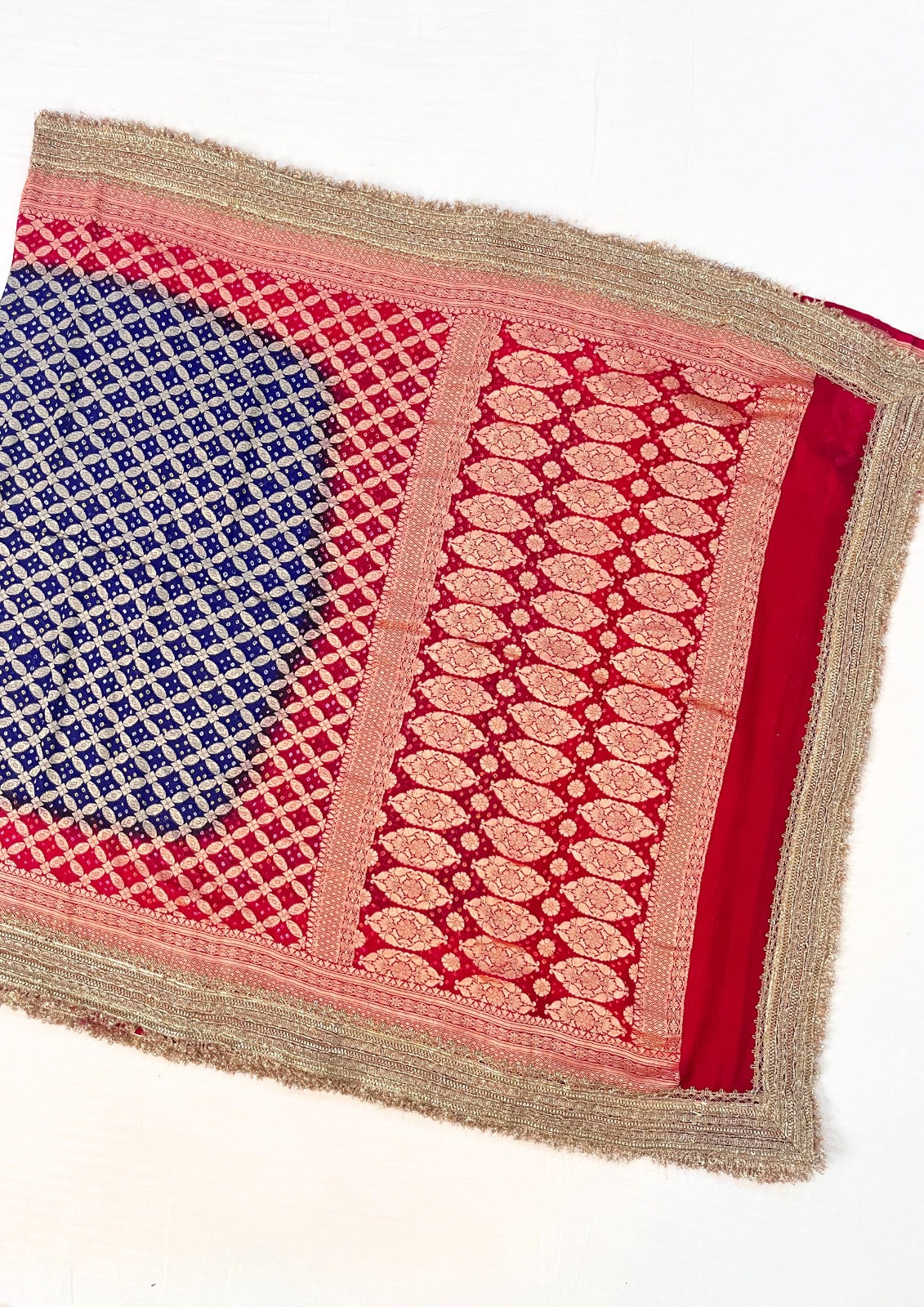 Red Blue Bandhej saree