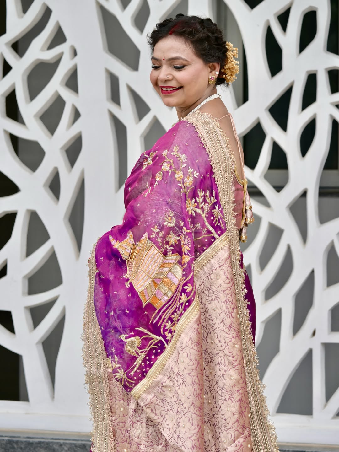 Purple Pure Banarasi Tissue Silk Saree Jharokha with Hand Embroidered Floral ,Bird and Temple customer view