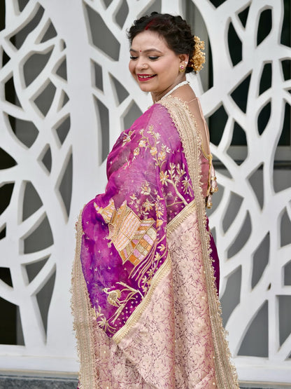 Purple Pure Banarasi Tissue Silk Saree Jharokha with Hand Embroidered Floral ,Bird and Temple customer view