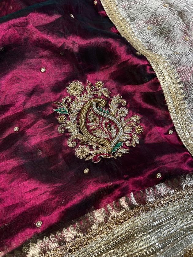 Wine Tissue Silk Saree Rukmini With Handembroidery closeup view 2