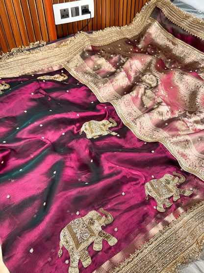 Wine Tissue Silk Saree Gaj Full View