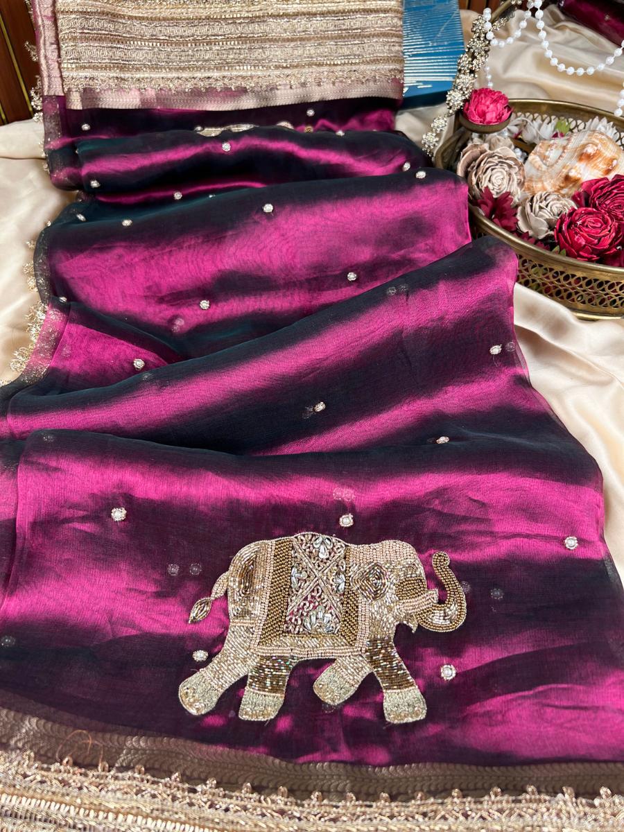 Wine Tissue Silk Saree Gaj Closeup View