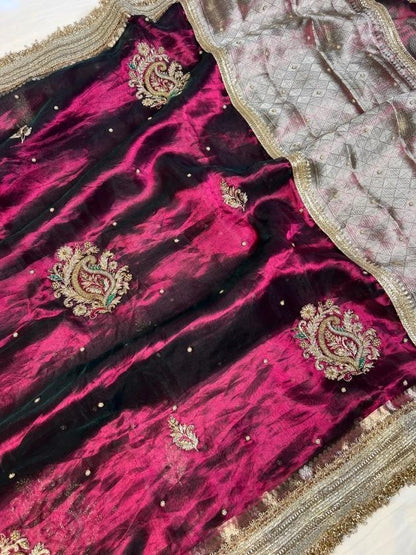 Wine Tissue Silk Saree Rukmini With Handembroidery full view
