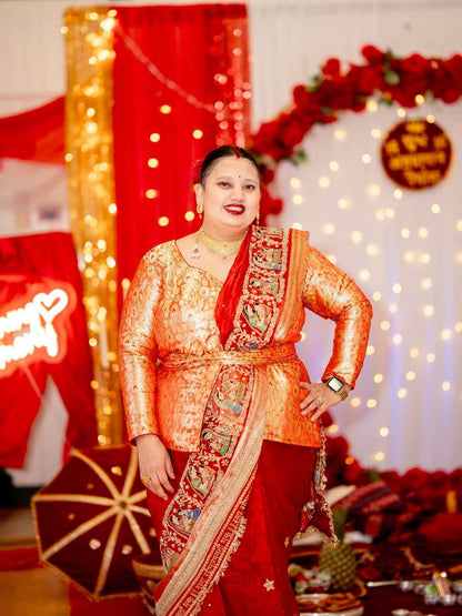 Royal Red Tissue Silk Godh Bharai With Hand Embroidered Baby Shower Customer View