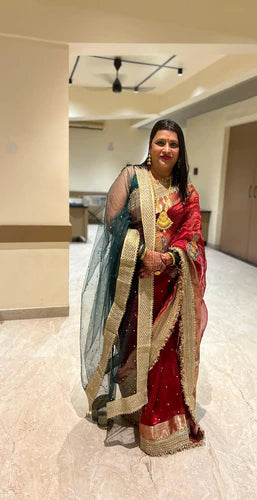 Red Banarasi Tissue Silk Saree with Matka Hand Embroidered Buta, Gota Patti Border, and Unstitched Brocade Blouse