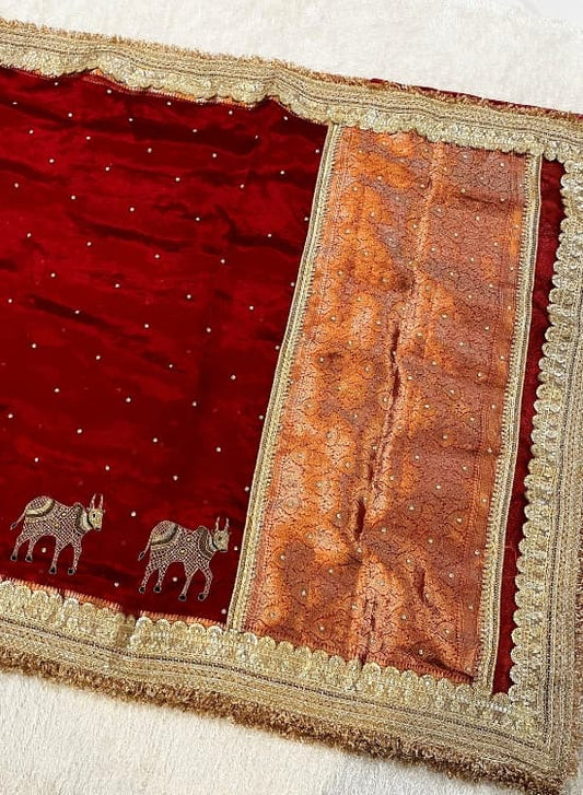 Hand Embroidered Red Banarasi Tissue Silk Saree with Nandi Buta, Gota Patti Border, Brocade Aachal, and Unstitched Brocade Blouse