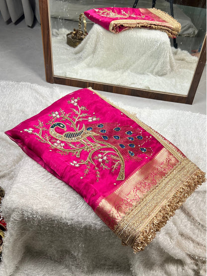 Hot pink hand-embroidered Banarasi tissue silk saree with intricate mori (peacock) motif and rich traditional detailing. - Mantavya Banaras