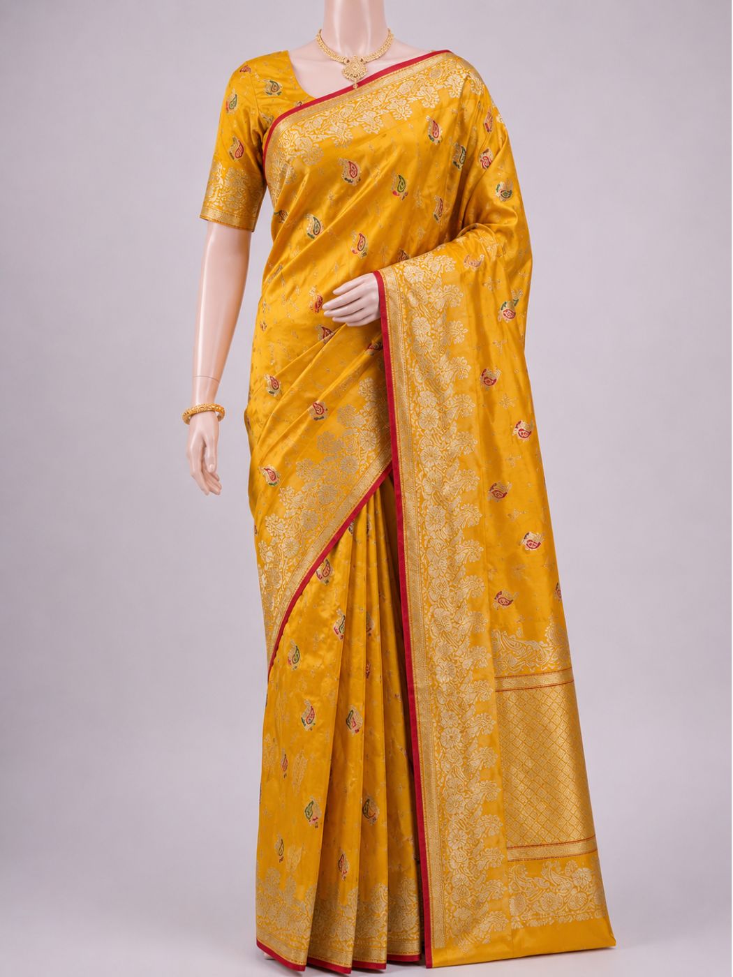Yellow Katan Silk Saree full Dummy View