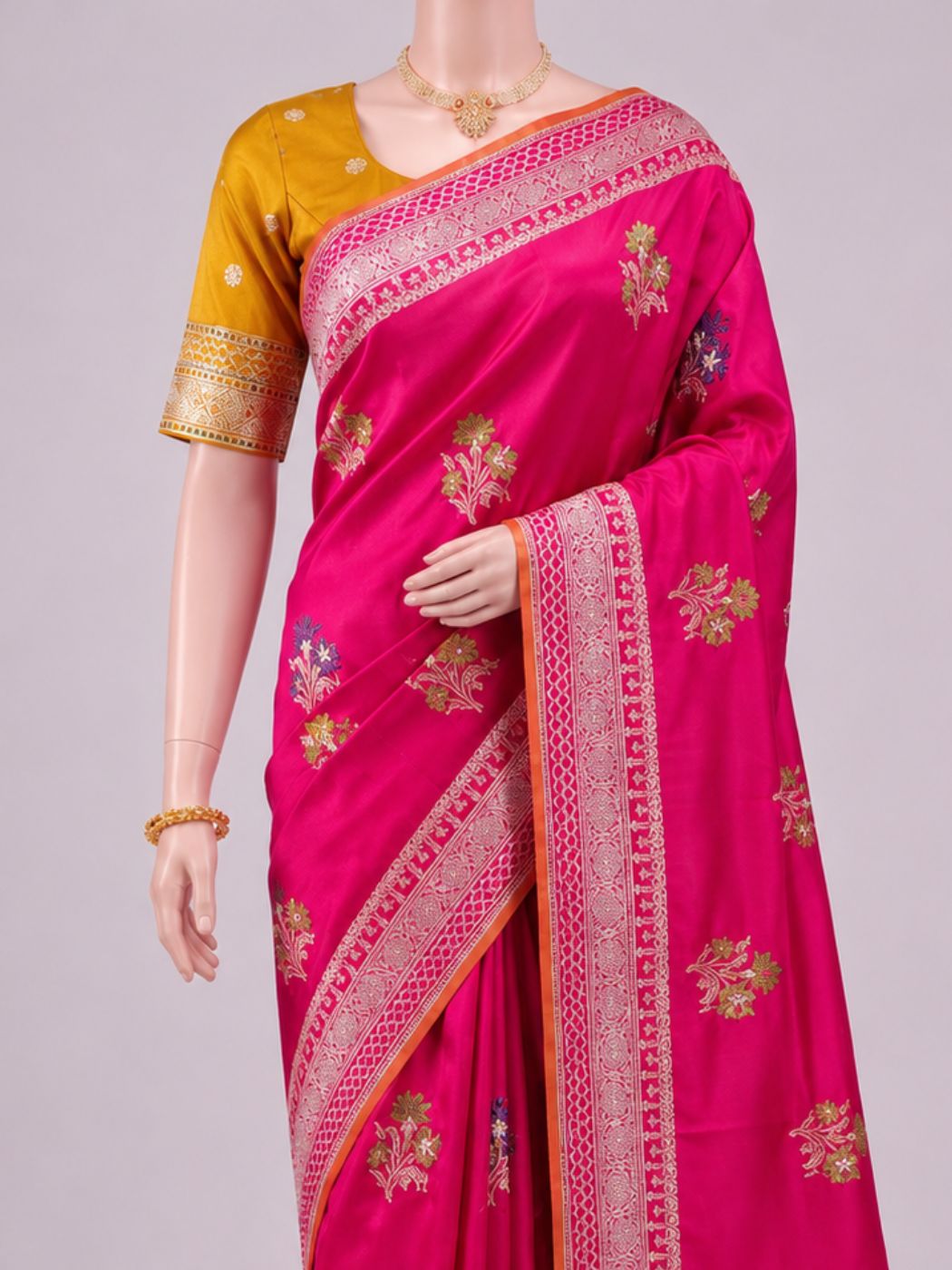 Hot Pink katan Silk Saree Dummy closeup view