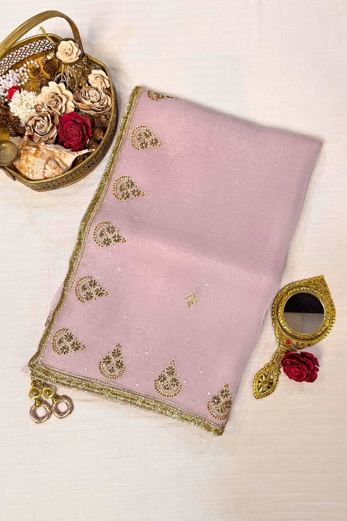 Lavender Hand Embroidered Pure Kora Silk Saree