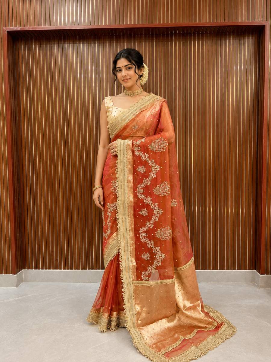 orange tissue silk saree mantvya banaras