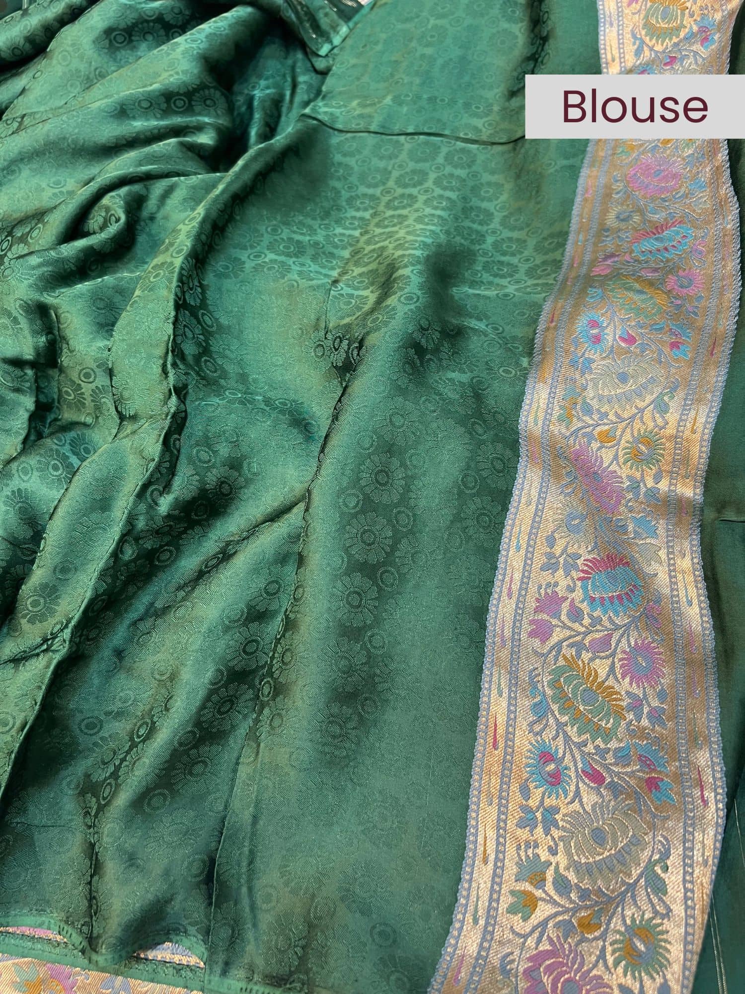 Elegant green Mashru silk blouse with soft sheen, perfect to pair with sarees – Mantavya Banaras