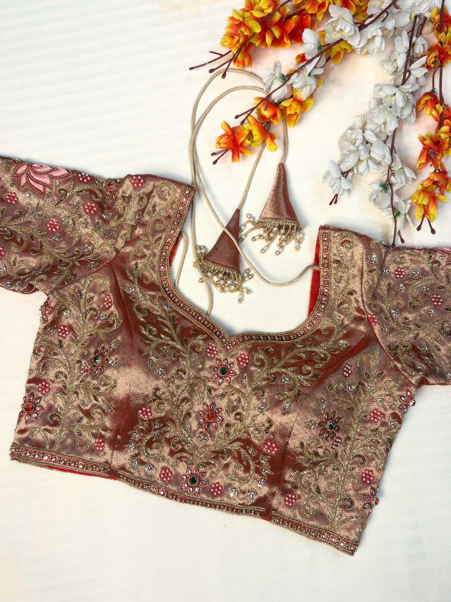 Red Tissue Silk Blouse Mangal Vachan - Mantavya Banaras