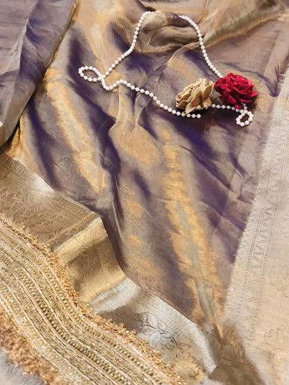 Lavender Pure Banarasi Tissue Silk Saree by Mantavya with fine golden zari work