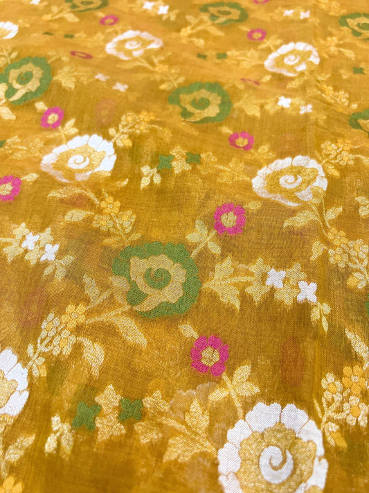 Mustard Yellow Cotton Jamdani Saree with floral closeup view