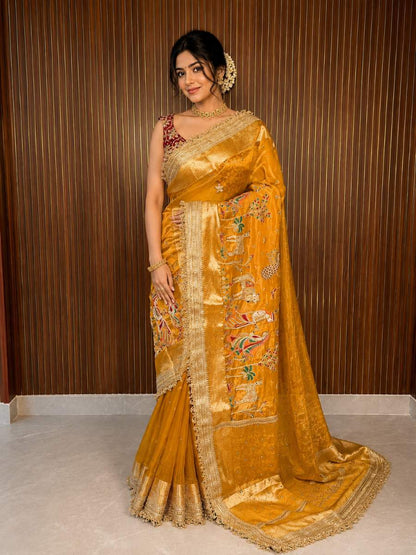 yellow tissue silk saree mantvya banaras