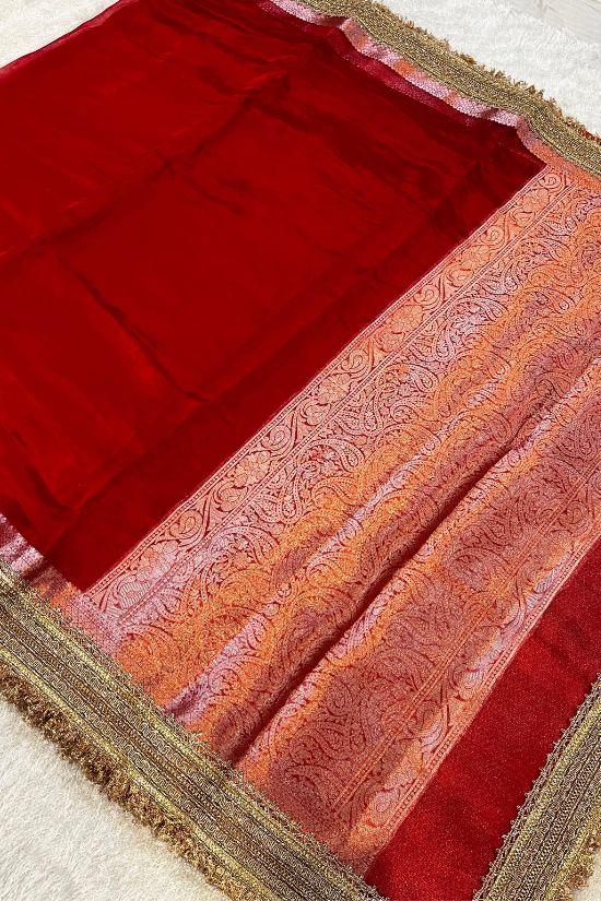 Red Pure Banarasi Tissue Silk Saree with Gota Patti Border