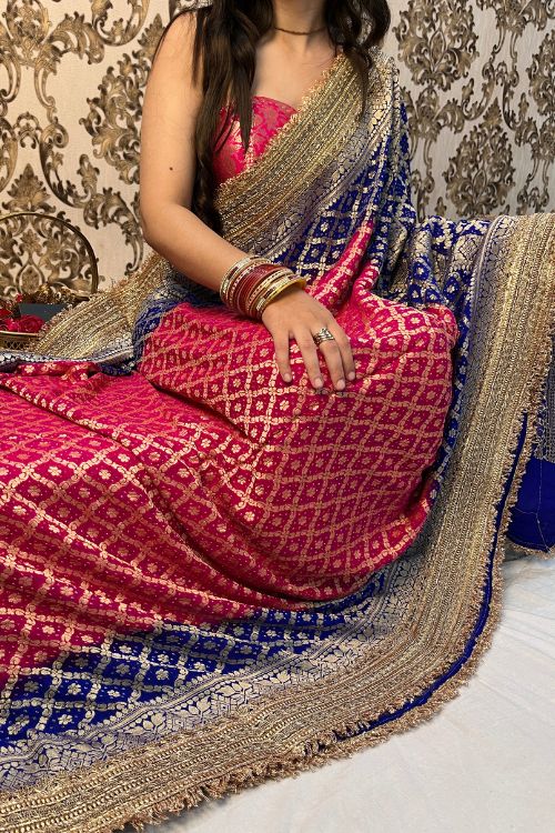 Hot Pink-Blue Khaddi Georgette Banarasi Bandhej Saree
