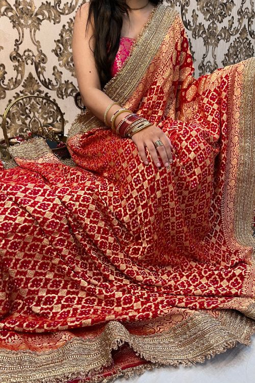 Red Banarasi Bandhani Saree with Khaddi Georgette and Tie-Dye Design