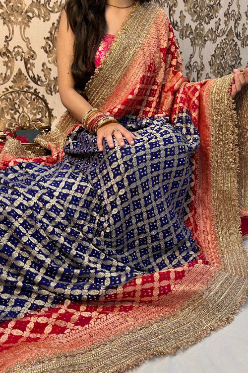 Red-Blue Khaddi Georgette Banarasi Bandhej Saree