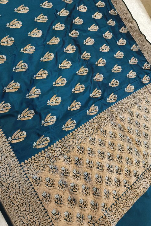 Handwoven Teal Blue Katan Silk Saree