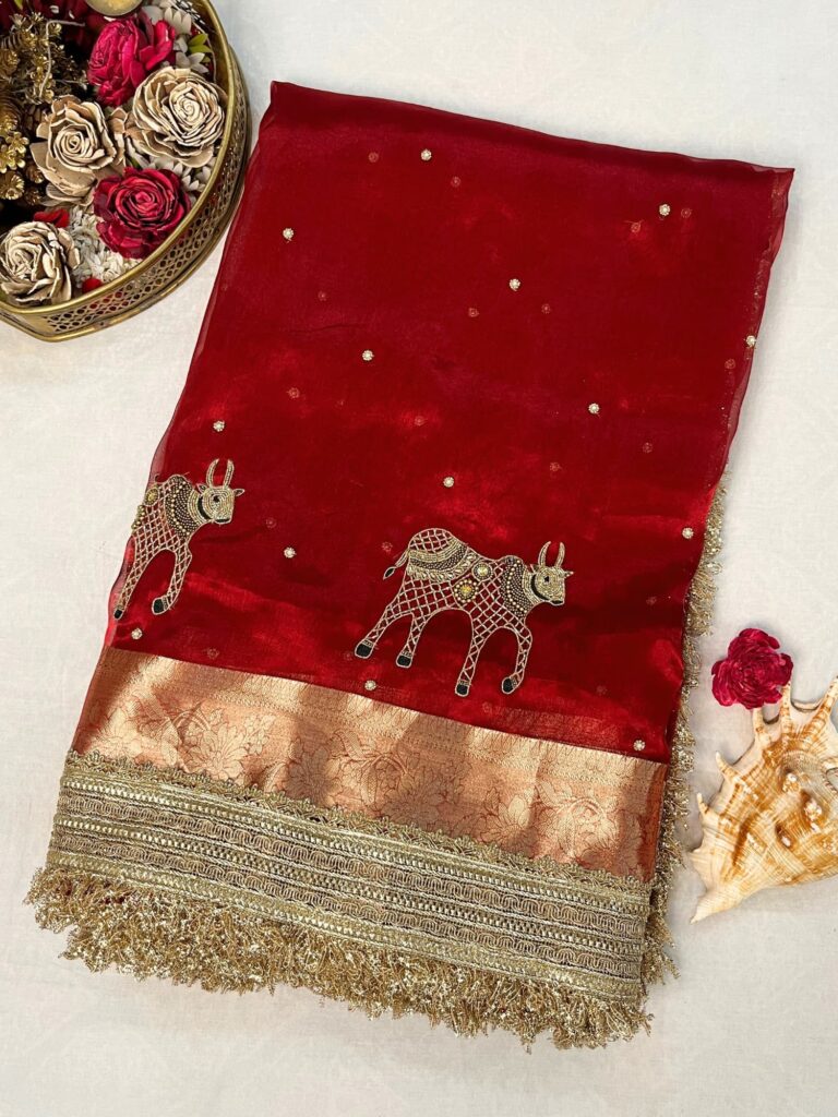 Hand Embroidered Red Banarasi Tissue Silk Saree with Nandi Buta, Gota Patti Border, Brocade Aachal, and Unstitched Brocade Blouse
