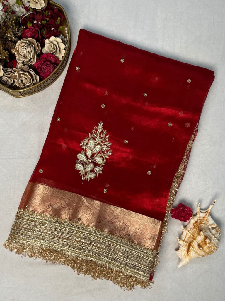 Hand Embroidered Red Banarasi Tissue Silk Saree with flower buta, gota patti border, brocade aachal, and unstitched brocade blouse piece