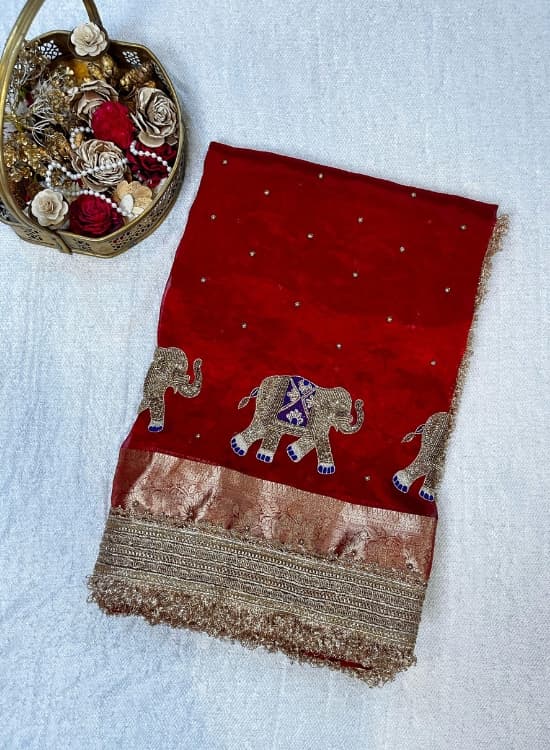 Hand-Embroidered Red Banarasi Tissue Silk Saree with Elephant Motifs and Gold Gota Patti Border, Ideal for Bridal and Festive Wear