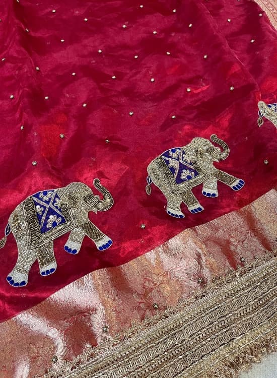 Hand-Embroidered Red Banarasi Tissue Silk Saree with Elephant Motifs and Gold Gota Patti Border, Ideal for Bridal and Festive Wear