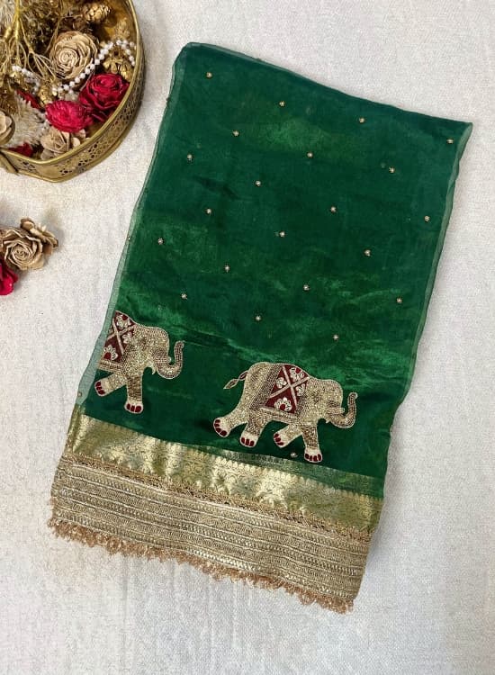 Hand-Embroidered Green Banarasi Tissue Silk Saree with Elephant Motifs and Gota Patti Border, Ideal for Wedding & Festive Occasions