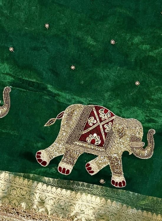 Hand-Embroidered Green Banarasi Tissue Silk Saree with Elephant Motifs and Gota Patti Border, Ideal for Wedding & Festive Occasions