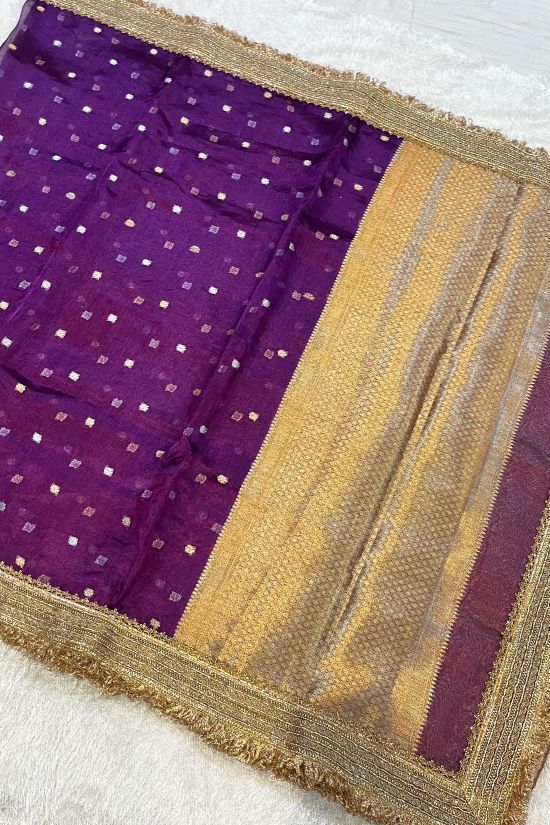 Handwoven Butti Purple Tissue Silk Saree with Gota Patti Border