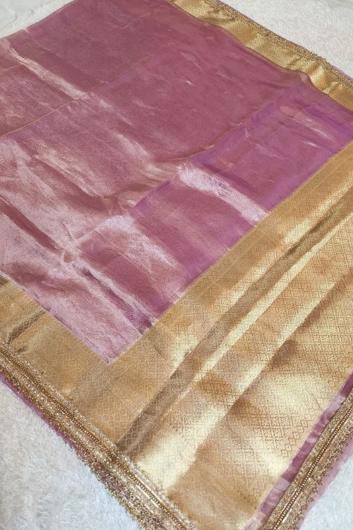 Handwoven Powder Pink Tissue Silk Saree with Gota Patti Border