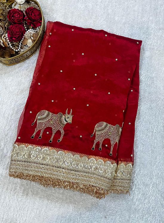 Hand Embroidery Royal Red Tissue Silk Saree