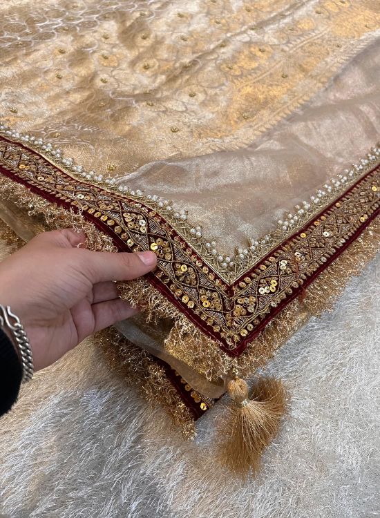 Hand Embroidery Silver Tissue Silk Saree with Jaal Work