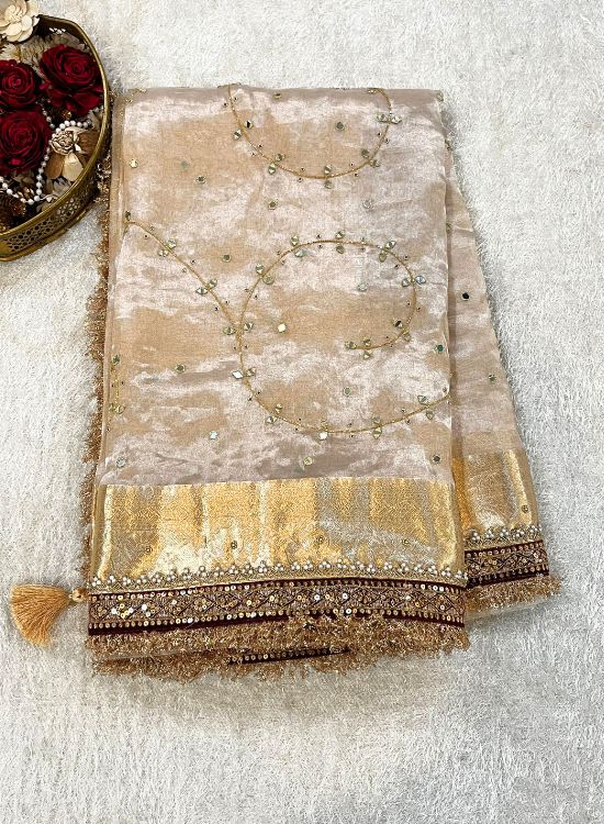 Hand Embroidery Silver Tissue Silk Saree with Jaal Work
