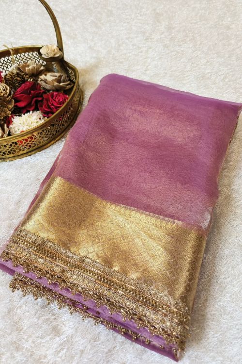 Handwoven Powder Pink Tissue Silk Saree with Gota Patti Border