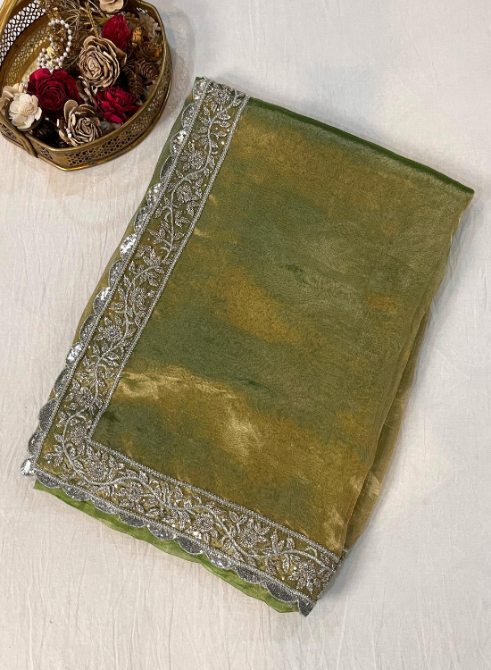 Hand Embroidered Green Pure Tissue Silk Saree